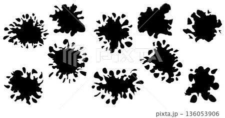 Large collection of black ink splatters, paint drips and liquid blobs. Set of grunge stain silhouettes on white. Vector illustration. Large collection of black ink splatters, paint drips and liquid blobs. Set of grunge stain silhouettes on white. Vector illustration. 136053906