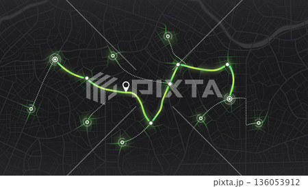 Dark urban street map featuring glowing green navigation route and tracking points for delivery or GPS app. Vector illustration. Dark urban street map featuring glowing green navigation route and tracking points for delivery or GPS app. Vector illustration. 136053912