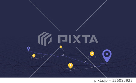EV charging station location along the route. Gps tracking navigation. Perspective view on map with nearby EV supercharger stations. Vector illustration. 136053925