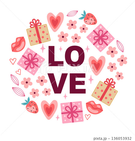 Romantic greeting card for Valentine's day with gifts and Love text. 136053932