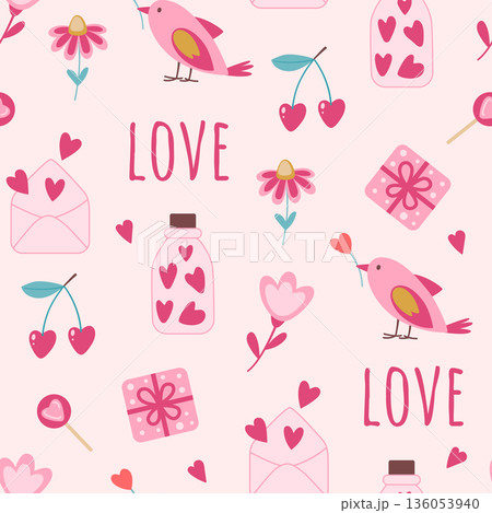 Seamless pattern with hearts and bird for Valentine's Day. Seamless pattern with hearts and bird for Valentine's Day. 136053940