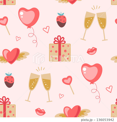 Seamless pattern with balloons and gifts for Valentine's Day. 136053942