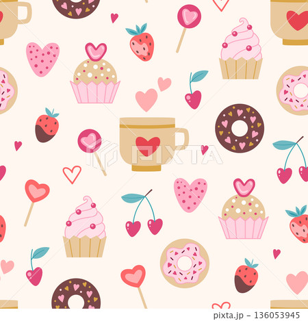 Seamless pattern with cup and sweets for Valentine's Day. Seamless pattern with cup and sweets for Valentine's Day. 136053945
