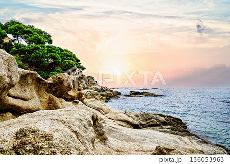 Beautiful seascape of the Cami de Ronda coastal path on the Costa Brava, from Platja d'Aro to Sant Antoni de Calonge. Cala del Pi 136053963