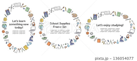 学校生活の文房具や道具の線画イラストの丸フレームセット 136054077