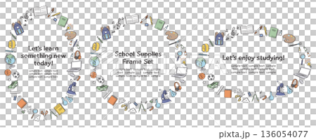 学校生活の文房具や道具の線画イラストの丸フレームセット 136054077