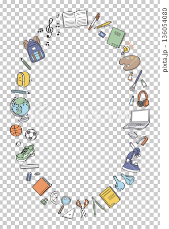 學校生活文具和工具的線條畫垂直圓形邊框 136054080