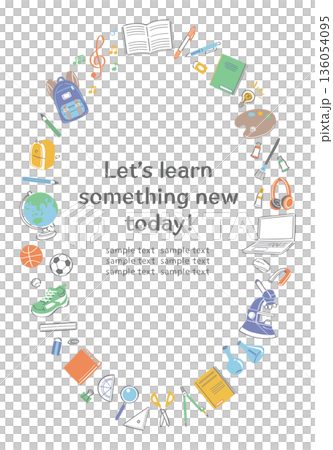 垂直圓形邊框，內含學校生活所需的文具與工具插圖 136054095