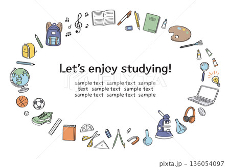 学校生活の文房具や道具の線画イラストの横長丸フレーム 136054097