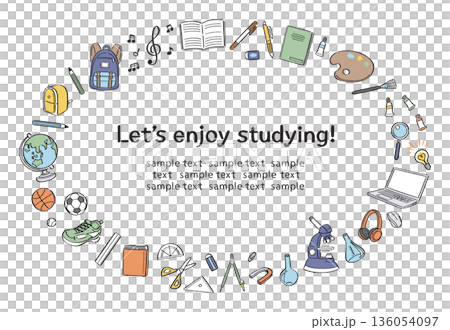 学校生活の文房具や道具の線画イラストの横長丸フレーム 136054097