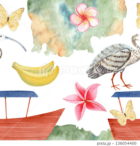 Cambodian map, flag, plumeria flower, boat, Ibis bird, bananas, watercolor illustration seamless pattern isolated on white. Ideal for travel blogs, packaging, souvenirs, tourism, cultural designs Cambodian map, flag, plumeria flower, boat, Ibis bird, bananas, watercolor illustration seamless pattern isolated on white. Ideal for travel blogs, packaging, souvenirs, tourism, cultural designs 136054400