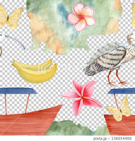 Cambodian map, flag, plumeria flower, boat, Ibis bird, bananas, watercolor illustration seamless pattern isolated on white. Ideal for travel blogs, packaging, souvenirs, tourism, cultural designs Cambodian map, flag, plumeria flower, boat, Ibis bird, bananas, watercolor illustration seamless pattern isolated on white. Ideal for travel blogs, packaging, souvenirs, tourism, cultural designs 136054400