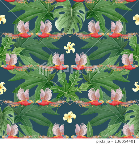 Golden pheasant red birds, yellow flowers, and lush green leaves seamless jungle pattern. Hand-painted in watercolor. Ideal for fashion, home decor, branding, packaging, book design and summer Golden pheasant red birds, yellow flowers, and lush green leaves seamless jungle pattern. Hand-painted in watercolor. Ideal for fashion, home decor, branding, packaging, book design and summer 136054401