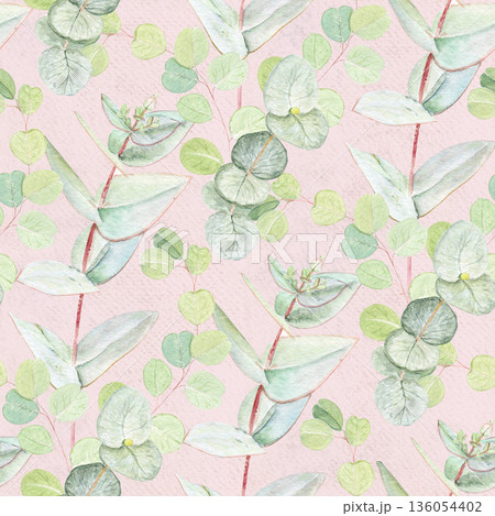 Eucalyptus with soft green leaves on a pastel pink background. Seamless watercolor pattern. Hand-painted perfect for wedding, gift wrapping, textile, eco-friendly packaging, cosmetic branding, home 136054402