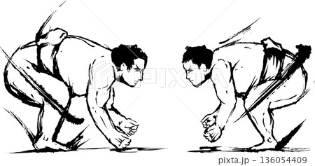 相撲の取り組みの墨絵イラスト 136054409