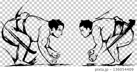 相撲比賽的墨繪插圖 136054409
