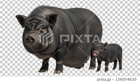 A black Vietnamese pot belly pig stands next to its tiny piglet. Both are on a transparent background. This scene features the bond between the pig and its young one. 136054630