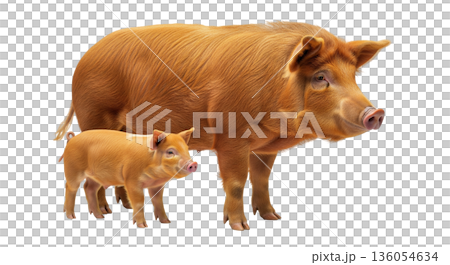 A ginger red Tamworth sow stands next to its piglet. They are isolated on a clear background. The sow appears mature while the piglet looks small and playful. 136054634