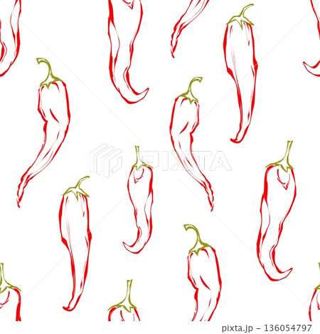 Seamless Hand-drawn Red Chili Pepper Pattern Illustration 136054797