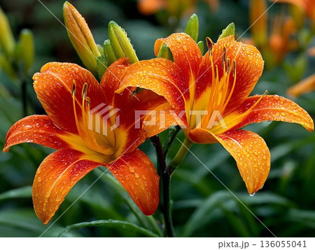 Blooming garden daylilies presenting vibrant orange-yellow petals glistening with raindrops, highlighting delicate floral details under soft natural light Blooming garden daylilies presenting vibrant orange-yellow petals glistening with raindrops, highlighting delicate floral details under soft natural light 136055041