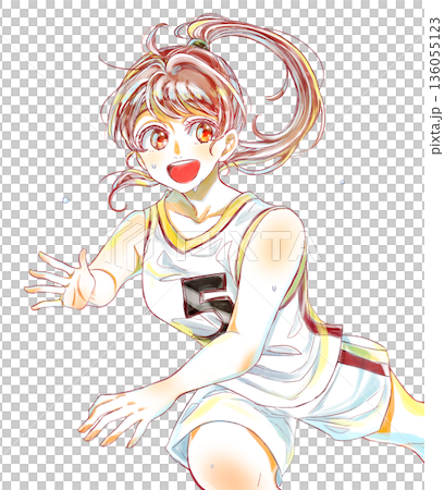 バスケットのユニフォームを着て走る女の子 汗あり バスケットのユニフォームを着て走る女の子 汗あり 136055123