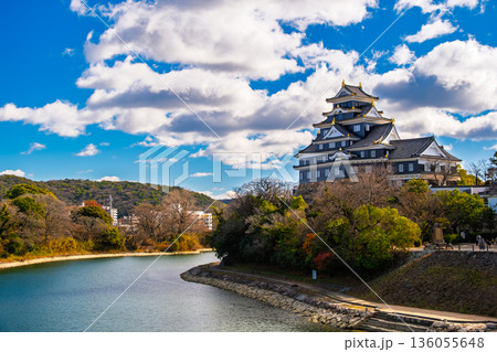岡山市 青空の下の岡山城天守閣と旭川の風景 岡山市 青空の下の岡山城天守閣と旭川の風景 136055648