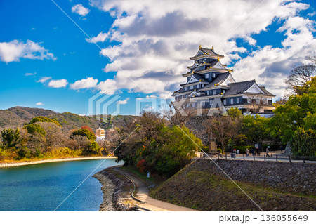 岡山市 青空の下の岡山城天守閣と旭川の風景 136055649