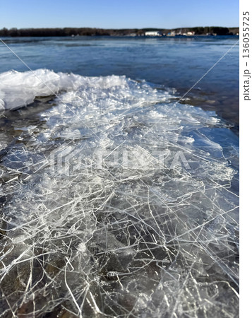 Cracked ice on a rocky shore of a thawed lake under a bright spring blue sky. A contrast of melting cold and warm seasonal renewal 136055725