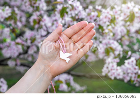Hand holding white dove pendant on pink ribbon against blooming cherry tree background. Sign of peace throughout the world 136056065
