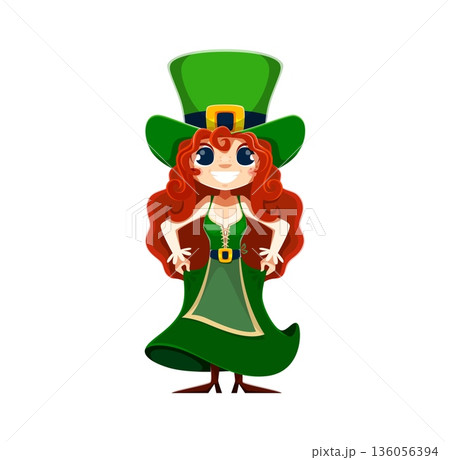 Cartoon leprechaun girl wearing green dress and tall hat Irish Saint Patrick's day holiday character with red hair, smiling face, folklore costume and lucky spirit. Vector festive cultural personage 136056394