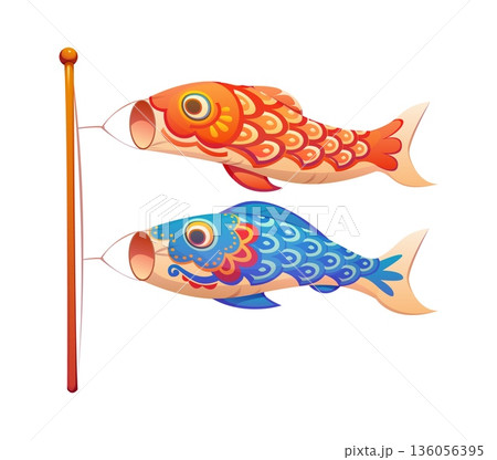 Japanese toy or Koinobori windsock streamer or carp fish kite, cartoon vector. Japan culture and handicraft art toy of Tango no sekku ceremony, Koinbory carp streamer with Japanese pattern ornament Japanese toy or Koinobori windsock streamer or carp fish kite, cartoon vector. Japan culture and handicraft art toy of Tango no sekku ceremony, Koinbory carp streamer with Japanese pattern ornament 136056395