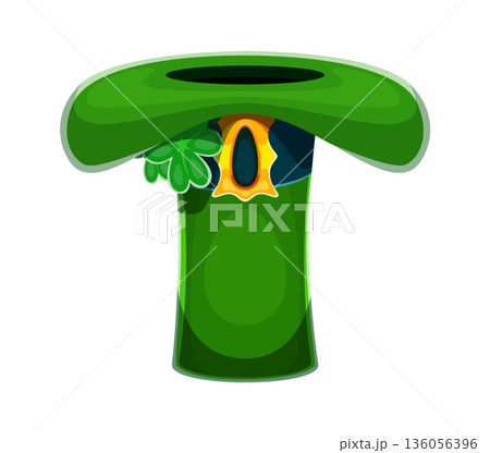 St Patricks font typeset leprechaun top hat letter T. Spring holiday alphabet vector letter, Saint Patrick day ABC typeset sign. Irish folk type element with green hat golden buckle and clover leaf 136056396