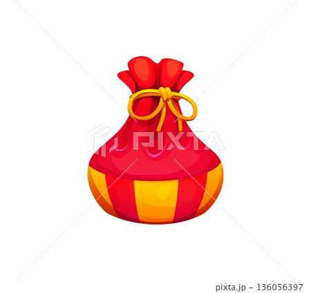 Red yellow Asian fortune pouch and purse, Chinese lucky money bag with golden coins. Cartoon happy wallet representing wealth and happiness for the New Year. Vector symbol for holiday greetings 136056397