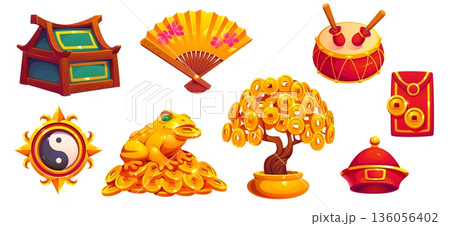 Chinese New Year fortune symbols of Asian lunar holiday, vector game asset icons. Money toad with golden coins yuanbao, Yin Yang sign and treasure chest with celebration drum and red envelope gift Chinese New Year fortune symbols of Asian lunar holiday, vector game asset icons. Money toad with golden coins yuanbao, Yin Yang sign and treasure chest with celebration drum and red envelope gift 136056402