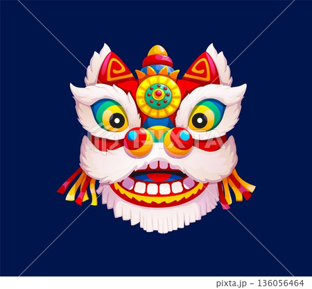 Chinese Lunar New Year cute Guangdong lion head, CNY Asian symbol of culture, celebration and holiday spirit. Cartoon vector traditional lion dance mask. Festive animal character funny face with fur Chinese Lunar New Year cute Guangdong lion head, CNY Asian symbol of culture, celebration and holiday spirit. Cartoon vector traditional lion dance mask. Festive animal character funny face with fur 136056464