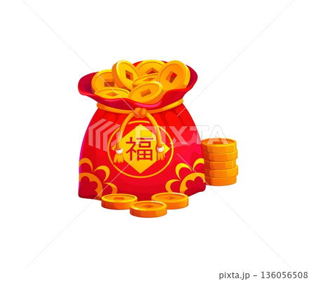 Red Chinese lucky money bag, fortune pouch with golden coins and ingots, Asian happy wallet. Traditional silk pouch tied with a golden rope. Cartoon vector icon for Lunar New Year designs Red Chinese lucky money bag, fortune pouch with golden coins and ingots, Asian happy wallet. Traditional silk pouch tied with a golden rope. Cartoon vector icon for Lunar New Year designs 136056508