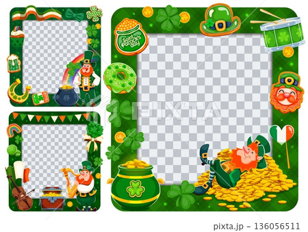 Happy Saint Patrick's Day photo frames for Irish holiday greeting, vector template. St Patrick photo frames with cartoon leprechaun character on gold with rainbow, Ireland flag and shamrock clover Happy Saint Patrick's Day photo frames for Irish holiday greeting, vector template. St Patrick photo frames with cartoon leprechaun character on gold with rainbow, Ireland flag and shamrock clover 136056511