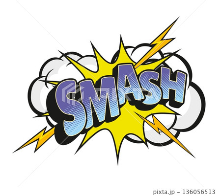 Cartoon pop art smash sound effect comic speech bubble, explosion tag in blue purple lettering. Surrounded by dramatic lightning bolts, clouds, and a yellow burst, delivers action, impactful energy Cartoon pop art smash sound effect comic speech bubble, explosion tag in blue purple lettering. Surrounded by dramatic lightning bolts, clouds, and a yellow burst, delivers action, impactful energy 136056513