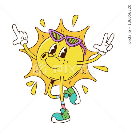 Groovy funky sun cartoon character in sunglasses with happy face, funny vector. Groovy sun character with sunny smile whistling melody in good vibes walking in hipster shoes as summer sunny emoji Groovy funky sun cartoon character in sunglasses with happy face, funny vector. Groovy sun character with sunny smile whistling melody in good vibes walking in hipster shoes as summer sunny emoji 136056520
