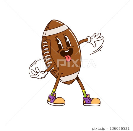 Cartoon groovy rugby ball or sport hippie character, comic vector emoji. Groovy rugby ball with funny face and silly smile with tongue out and quirky trippy expression for y2k funky rugby sport ball Cartoon groovy rugby ball or sport hippie character, comic vector emoji. Groovy rugby ball with funny face and silly smile with tongue out and quirky trippy expression for y2k funky rugby sport ball 136056521