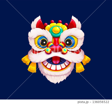 Chinese lion mask for lunar New Year holiday in China, cartoon vector icon. Guandong lion dance mask or Asian parade carnival lion head for Chinese New Year symbol or Chinatown traditional celebration 136056522