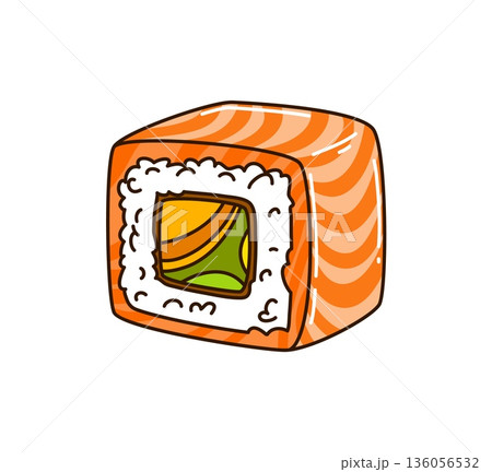 Cartoon funny groovy Japanese sushi with salmon, mango, cucumber, and avocado. Retro vector roll with fresh ingredients for funky restaurant menus, food branding, or quirky culinary stickers 136056532