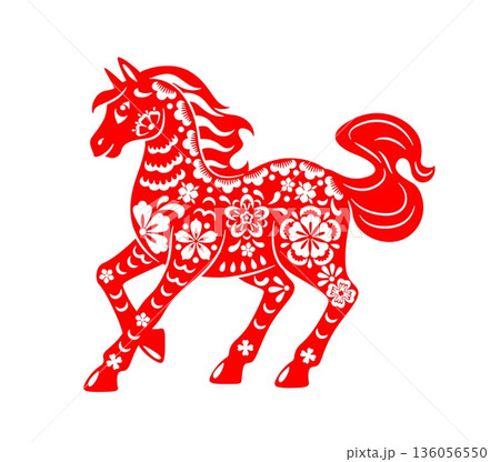 Papercut Chinese Lunar New Year horse. Red vector horse decorated with flowers, petals and curls, runs. Festive mascot for adding authentic Lunar New Year charm to invitations, and packaging 136056550