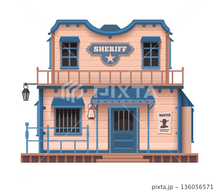 Western town building. Vector sheriff building with wooden textures, barred windows, a hanging lantern and wanted poster. Classic Wild west frontier architecture with a porch and second floor balcony Western town building. Vector sheriff building with wooden textures, barred windows, a hanging lantern and wanted poster. Classic Wild west frontier architecture with a porch and second floor balcony 136056571