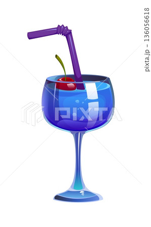 Cartoon casino gambling game icon of transparent blue cocktail glass filled with a bright liquid, red cherry floats inside, purple straw. Vector drink served in an elegant stemmed glass for party Cartoon casino gambling game icon of transparent blue cocktail glass filled with a bright liquid, red cherry floats inside, purple straw. Vector drink served in an elegant stemmed glass for party 136056618