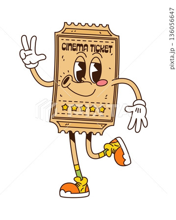 Groovy movie cinema ticket character with funky face, retro cartoon vector. Groovy funny cinema theater or movie ticket silly whistling in good vibes and positive emotions for retro cartoon character Groovy movie cinema ticket character with funky face, retro cartoon vector. Groovy funny cinema theater or movie ticket silly whistling in good vibes and positive emotions for retro cartoon character 136056647
