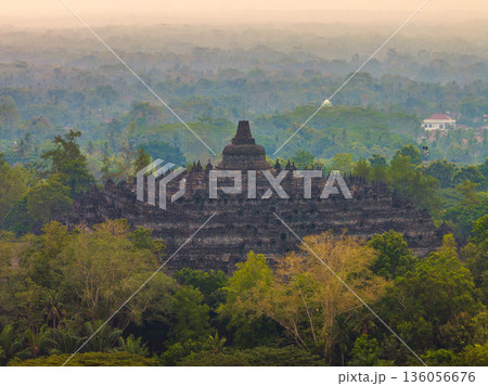 Aerial view of Borobudur temple at sunrise, Yogyakarta. Java, Indonesia 136056676