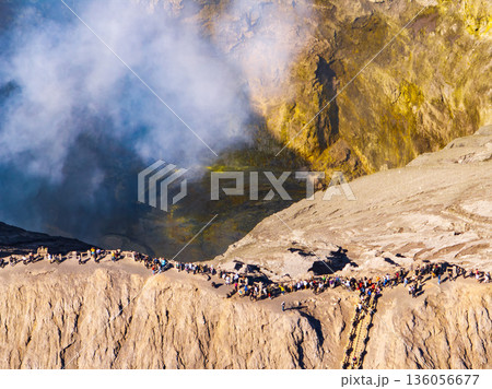 Aerial drone view creater of Bromo volcano with crowd, East Java, Indonesia 136056677