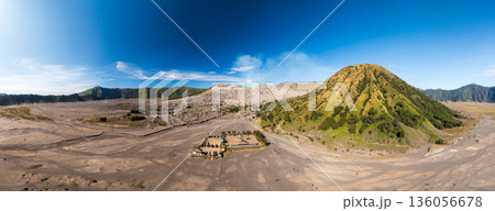 Panorama of Bromo volcano at sunrise, East Java, Indonesia,aerial view from drone Panorama of Bromo volcano at sunrise, East Java, Indonesia,aerial view from drone 136056678