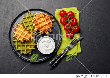 Vegan spinach waffles top view 136056984